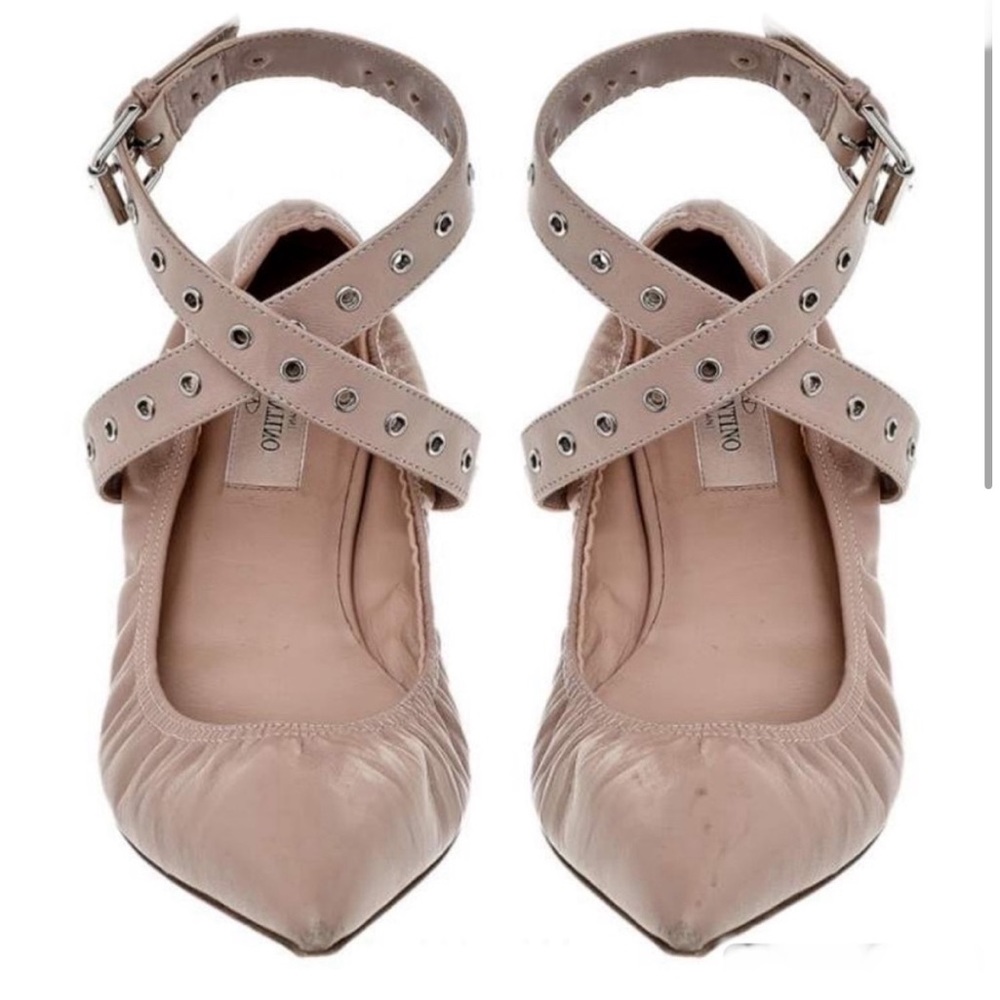 Valentino Beige Leather Scrunch Ankle Strap Ballet Flats Size 35.5